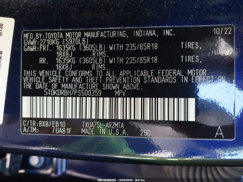 2023 Toyota Highlander Xle VIN: 5TDKDRBH7PS500359 Lot: 43360268