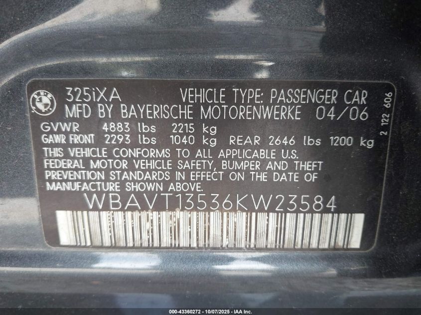 2006 BMW 325Xit VIN: WBAVT13536KW23584 Lot: 43360272