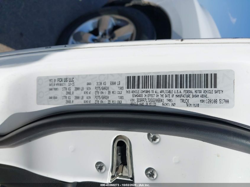 2016 Ram 1500 Big Horn VIN: 3C6RR7LT2GG206641 Lot: 43360273