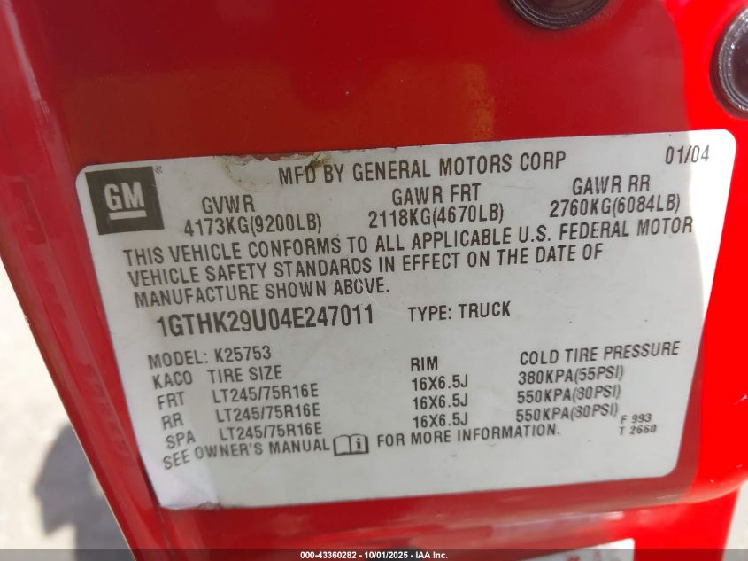 2004 GMC Sierra 2500Hd Slt VIN: 1GTHK29U04E247011 Lot: 43360282