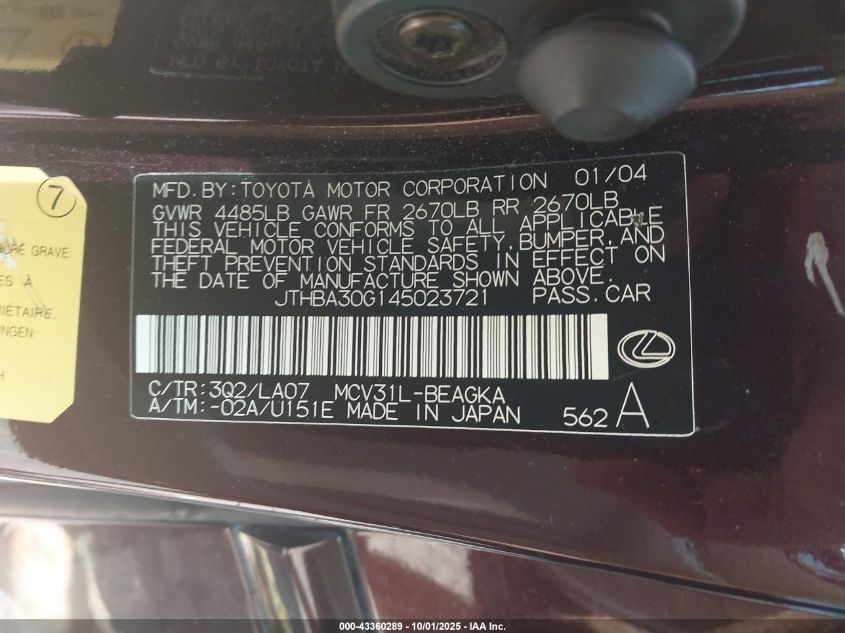 2004 Lexus Es 330 VIN: JTHBA30G145023721 Lot: 43360289