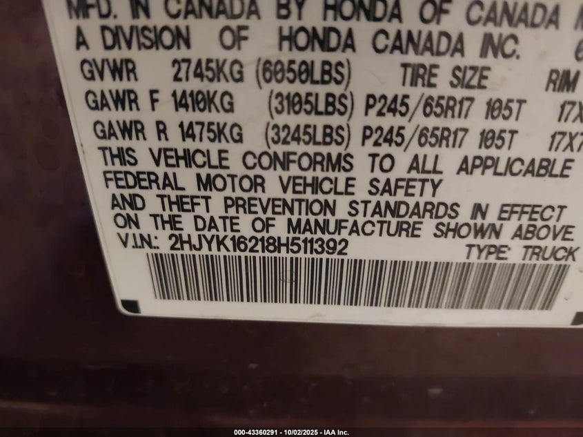 2008 Honda Ridgeline Rt VIN: 2HJYK16218H511392 Lot: 43360291