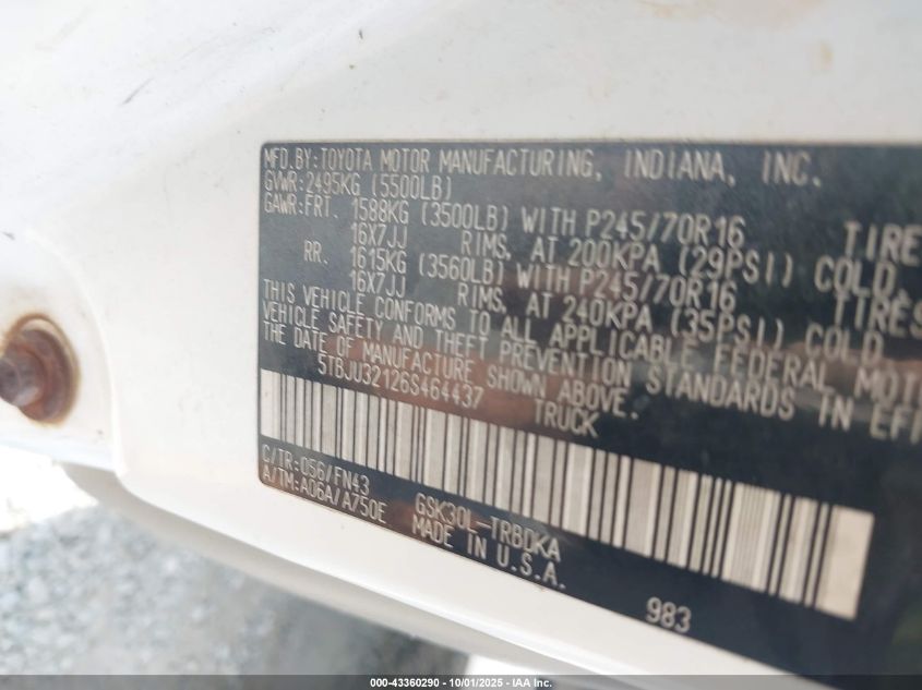 2006 Toyota Tundra VIN: 5TBJU32126S464437 Lot: 43360290