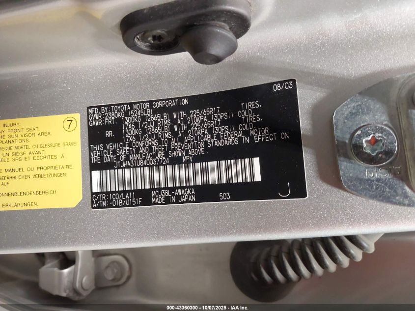 2004 Lexus Rx 330 VIN: JTJHA31U840037724 Lot: 43360300