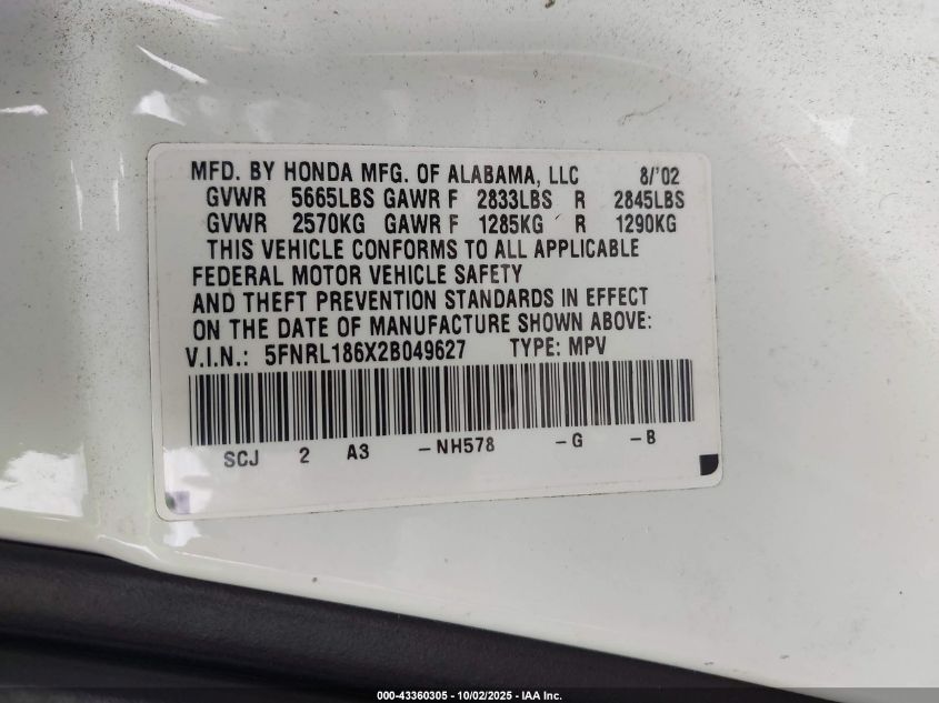 2002 Honda Odyssey Ex VIN: 5FNRL186X2B049627 Lot: 43360305