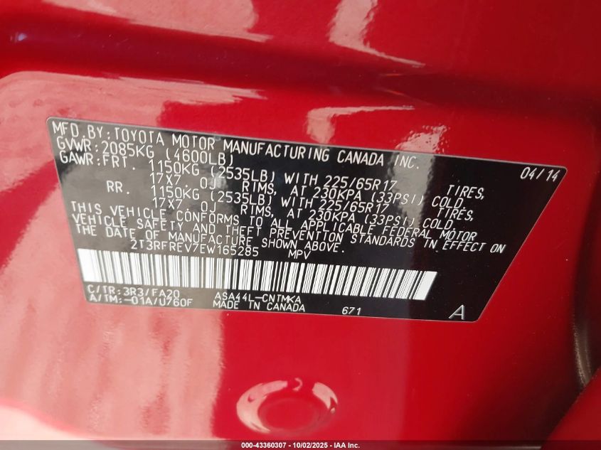 2014 Toyota Rav4 Xle VIN: 2T3RFREV7EW165285 Lot: 43360307