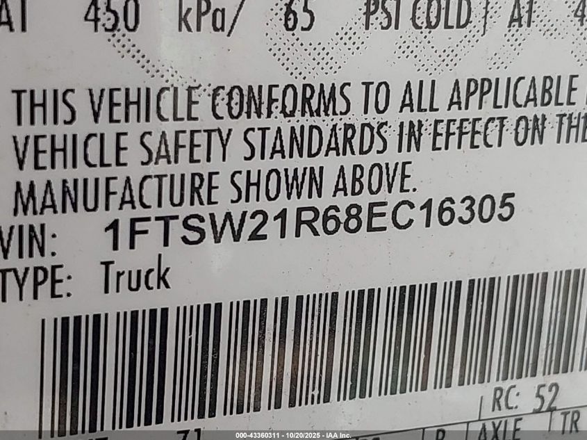 2008 Ford F-250 Fx4/Harley-Davidson/King Ranch/Lariat/Xl/Xlt VIN: 1FTSW21R68EC16305 Lot: 43360311