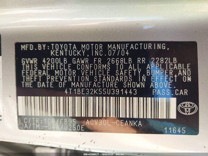 2005 Toyota Camry Le VIN: 4T1BE32K55U391443 Lot: 43360317