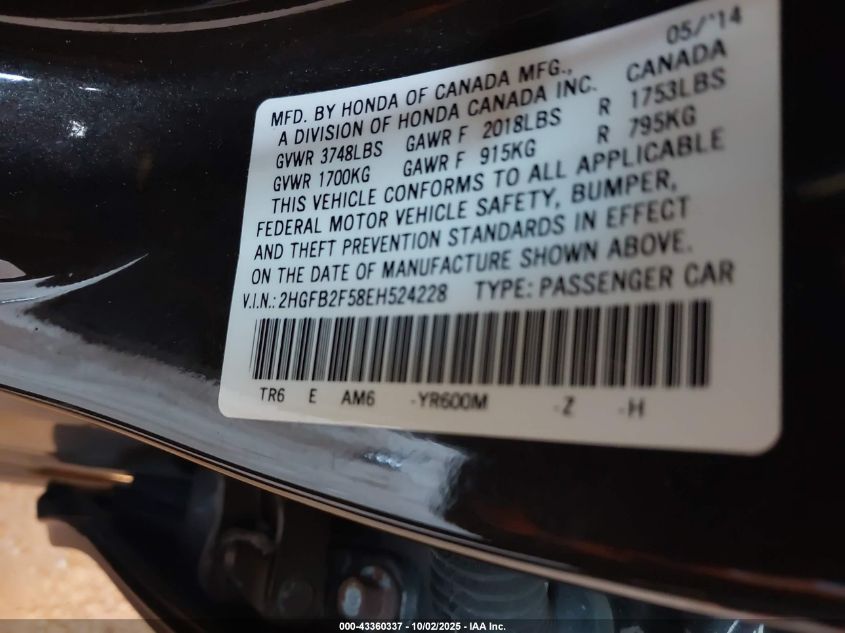 2014 Honda Civic Lx VIN: 2HGFB2F58EH524228 Lot: 43360337