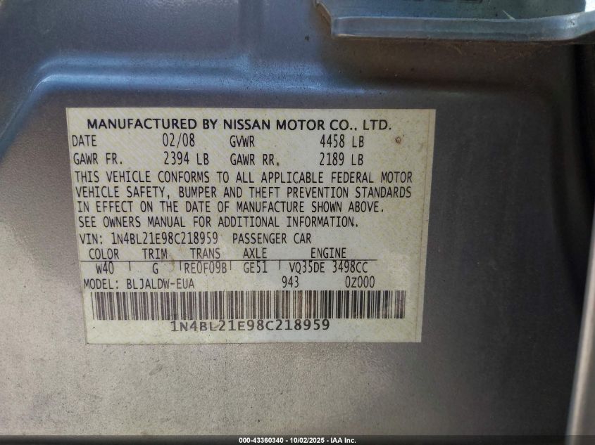 2008 Nissan Altima 3.5 Se VIN: 1N4BL21E98C218959 Lot: 43360340