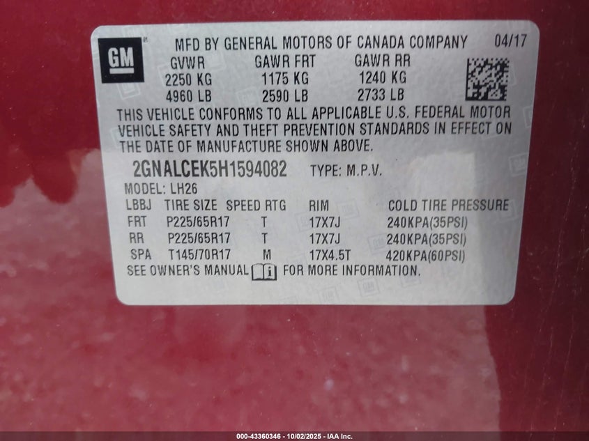 2017 Chevrolet Equinox Lt VIN: 2GNALCEK5H1594082 Lot: 43360346