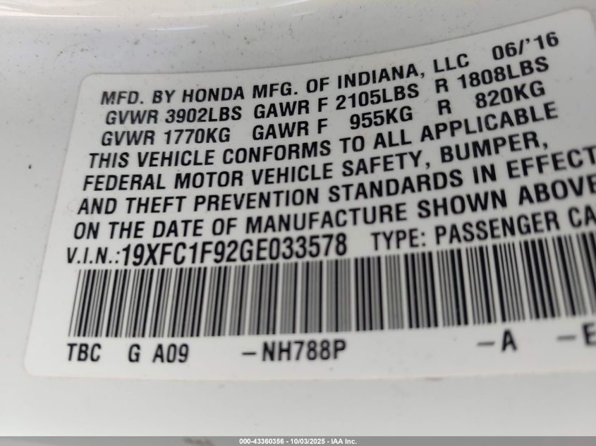 2016 Honda Civic Touring VIN: 19XFC1F92GE033578 Lot: 43360356