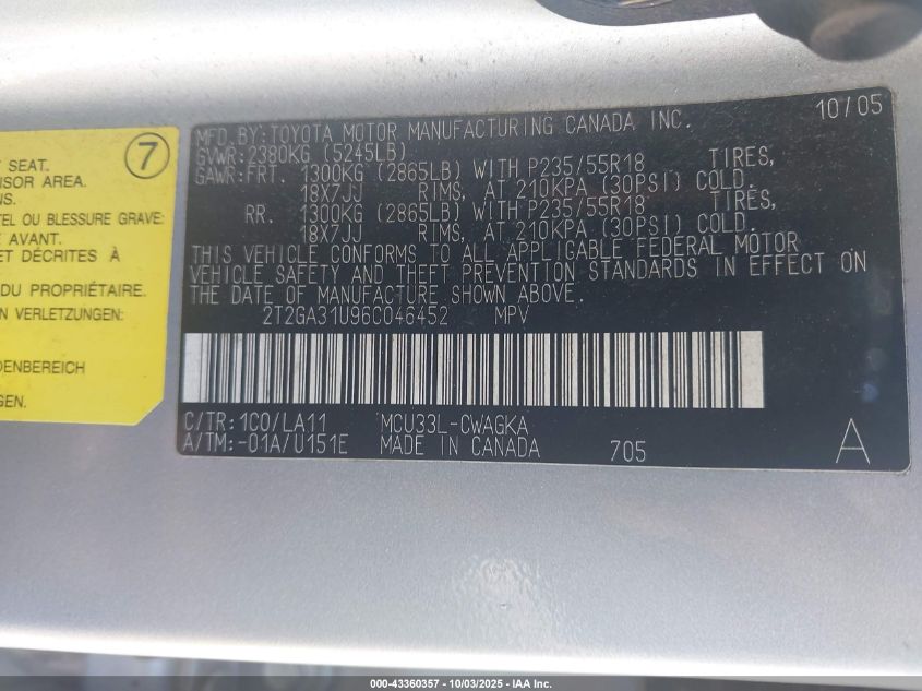 2006 Lexus Rx 330 VIN: 2T2GA31U96C046452 Lot: 43360357