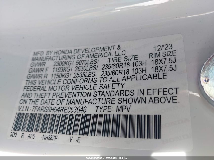 2024 Honda Cr-V Hybrid Sport VIN: 7FARS6H54R3053646 Lot: 43360359