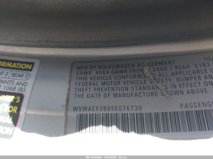2005 Volkswagen Passat Gls Tdi VIN: WVWAE63B85E076730 Lot: 43360364