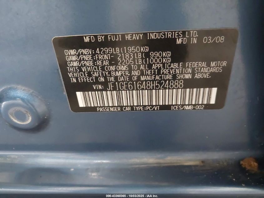 2008 Subaru Impreza 2.5I VIN: JF1GE61648H524888 Lot: 43360365