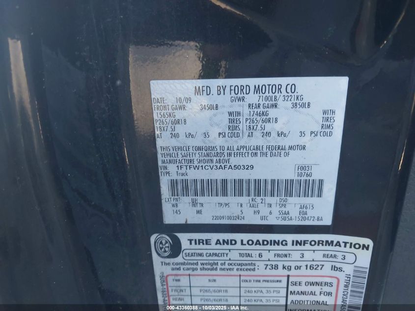 2010 Ford F-150 Fx2 Sport/Harley-Davidson/King Ranch/Lariat/Platinum/Xl/Xlt VIN: 1FTFW1CV3AFA50329 Lot: 43360388