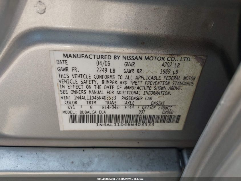 2006 Nissan Altima 2.5 S VIN: 1N4AL11D46N403533 Lot: 43360408