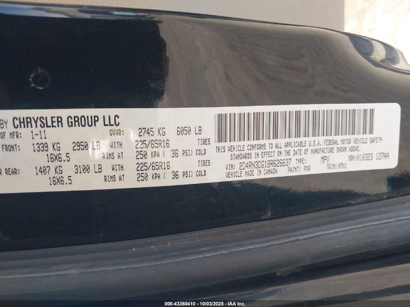2011 Dodge Grand Caravan Mainstreet VIN: 2D4RN3DG1BR626637 Lot: 43360410