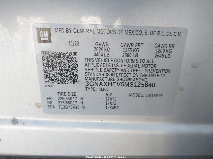 2021 Chevrolet Equinox Fwd Ls VIN: 3GNAXHEV5MS125648 Lot: 43360418
