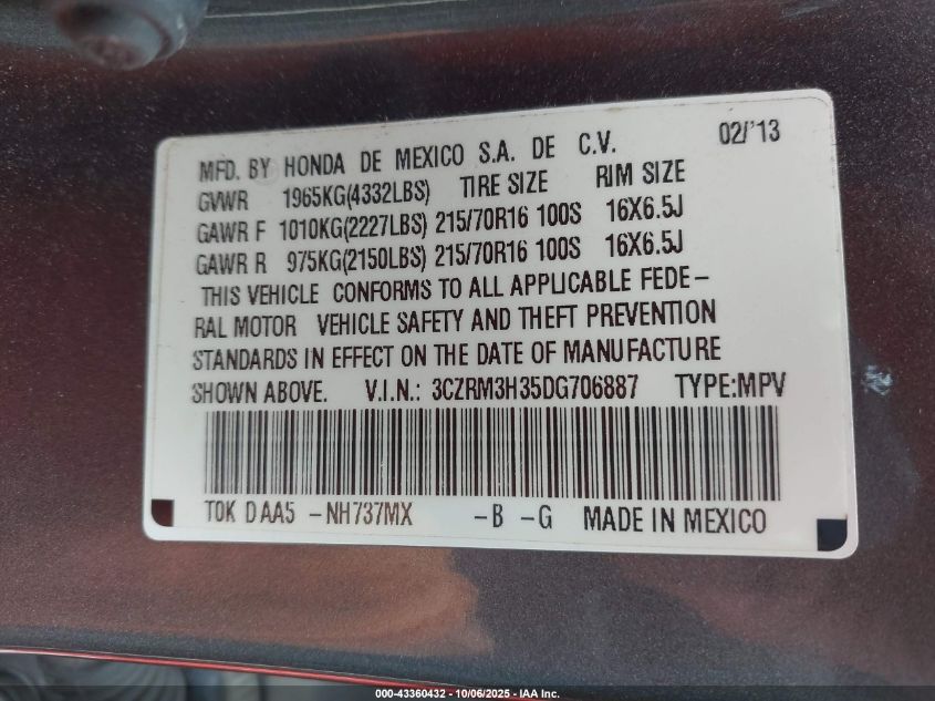 2013 Honda Cr-V Lx VIN: 3CZRM3H35DG706887 Lot: 43360432