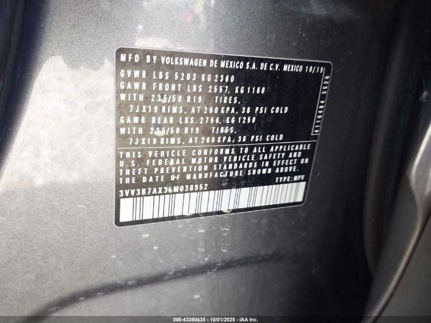 2020 Volkswagen Tiguan 2.0T Se/2.0T Se R-Line Black/2.0T Sel VIN: 3VV3B7AX3LM038952 Lot: 43360435