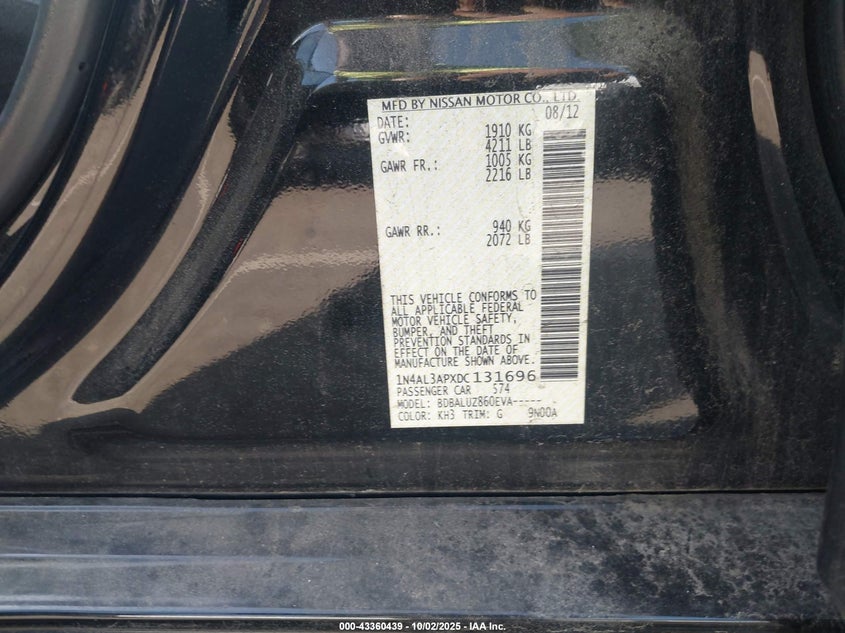 2013 Nissan Altima 2.5 Sv VIN: 1N4AL3APXDC131696 Lot: 43360439