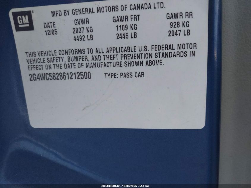 2006 Buick Lacrosse Cx VIN: 2G4WC582861212500 Lot: 43360442