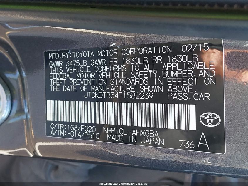 2015 Toyota Prius C VIN: JTDKDTB34F1582239 Lot: 43360449