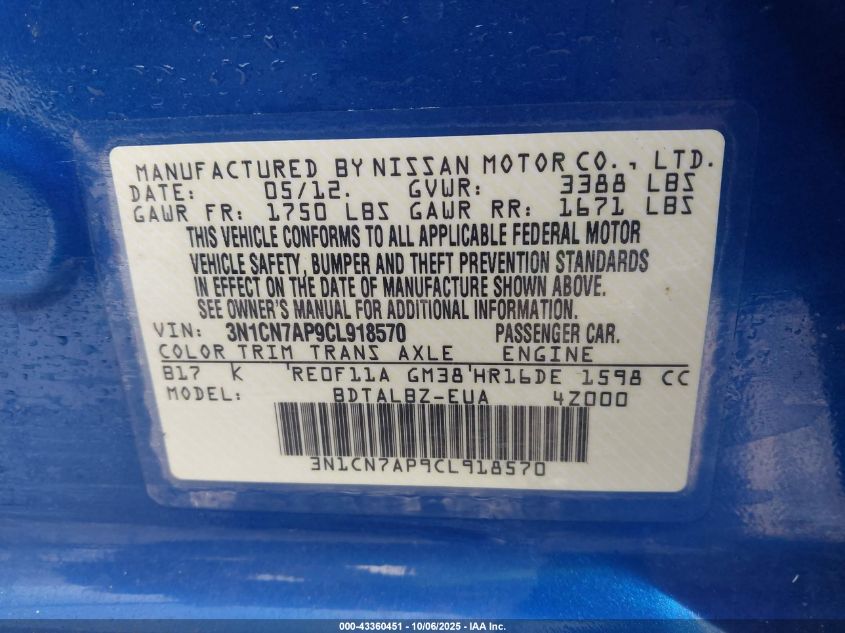 2012 Nissan Versa 1.6 Sv VIN: 3N1CN7AP9CL918570 Lot: 43360451