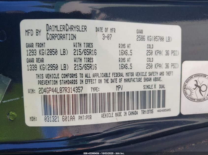2007 Dodge Grand Caravan Sxt VIN: 2D4GP44L87R314357 Lot: 43360454