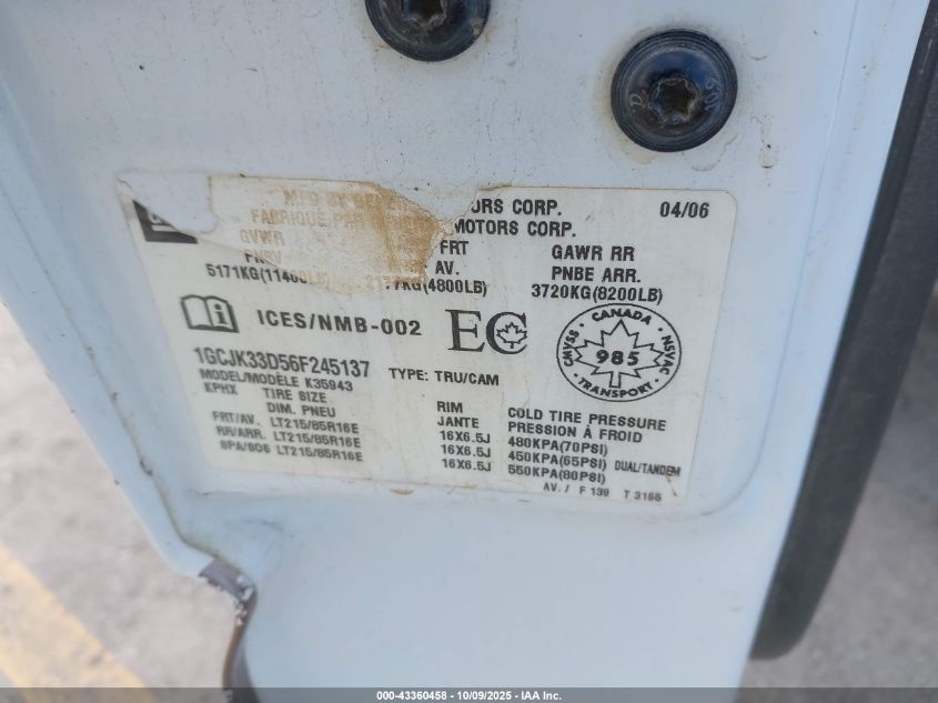 2006 Chevrolet Silverado 3500 Ls/Lt1/Lt2/Lt3/Work Truck VIN: 1GCJK33D56F245137 Lot: 43360458