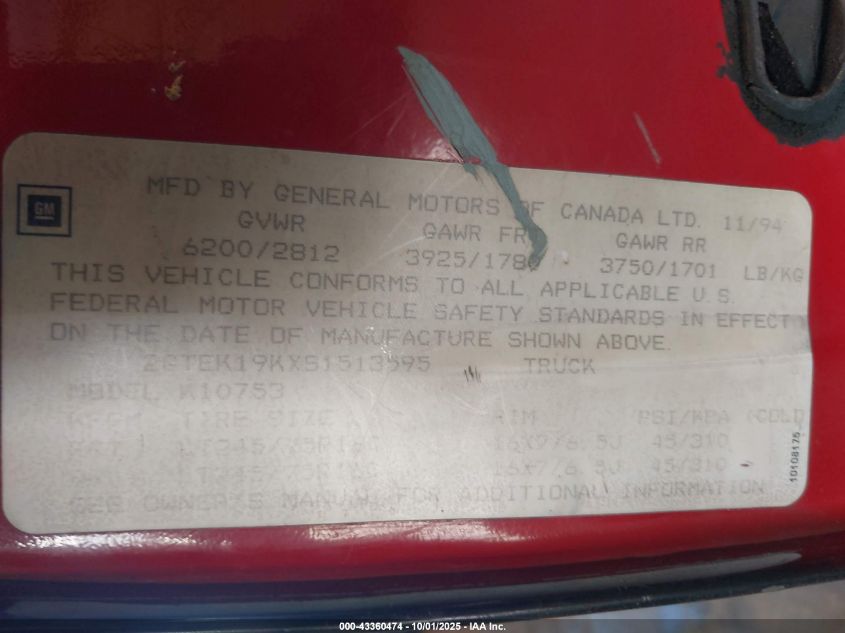 1995 GMC Sierra K1500 VIN: 2GTEK19KXS1513595 Lot: 43360474