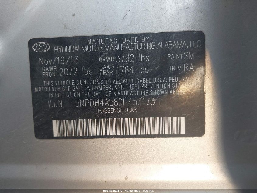 2013 Hyundai Elantra Gls VIN: 5NPDH4AE8DH453173 Lot: 43360477