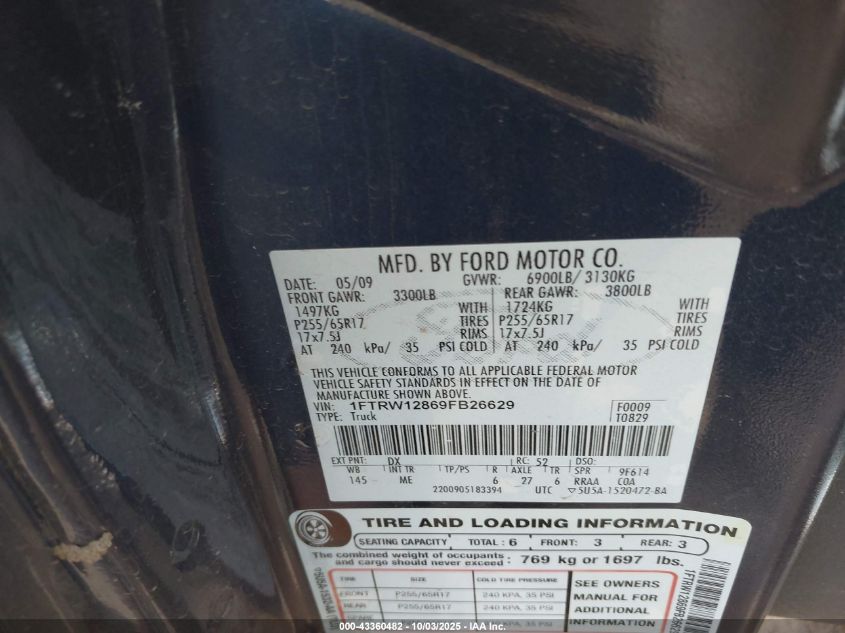 2009 Ford F-150 Xlt VIN: 1FTRW12869FB26629 Lot: 43360482