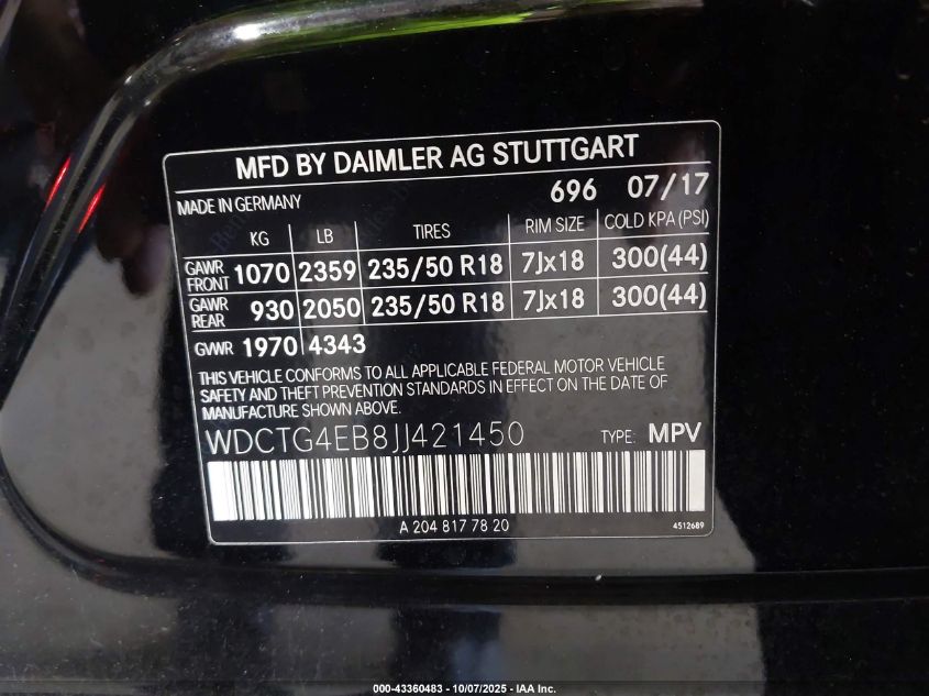 2018 Mercedes-Benz Gla 250 VIN: WDCTG4EB8JJ421450 Lot: 43360483