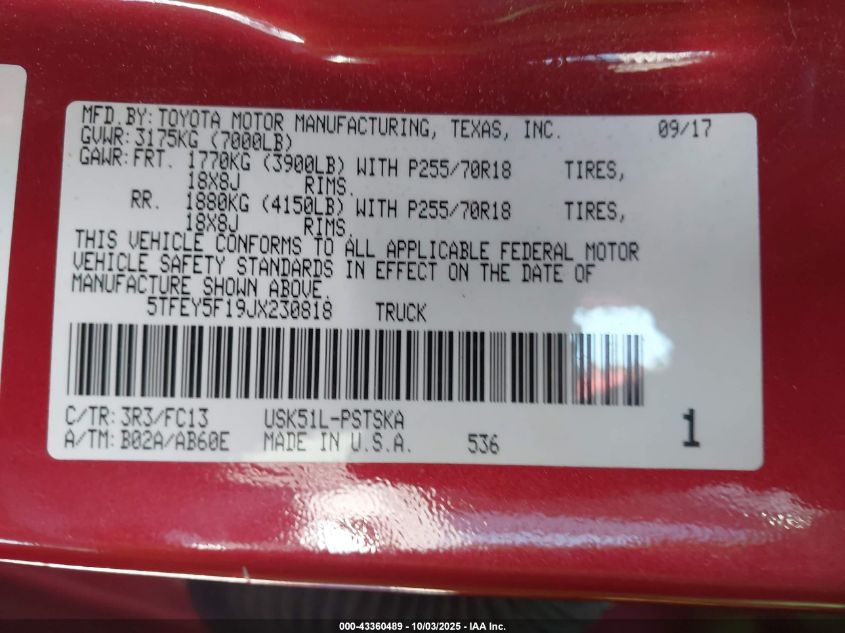 2018 TOYOTA TUNDRA SR5 5.7L V8 5TFEY5F19JX230818