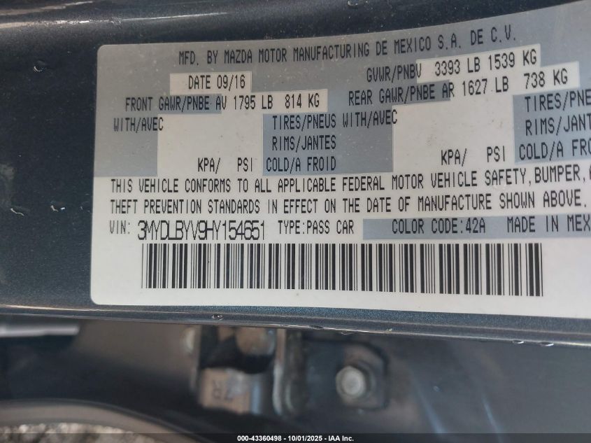 2017 Toyota Yaris Ia VIN: 3MYDLBYV9HY154651 Lot: 43360498