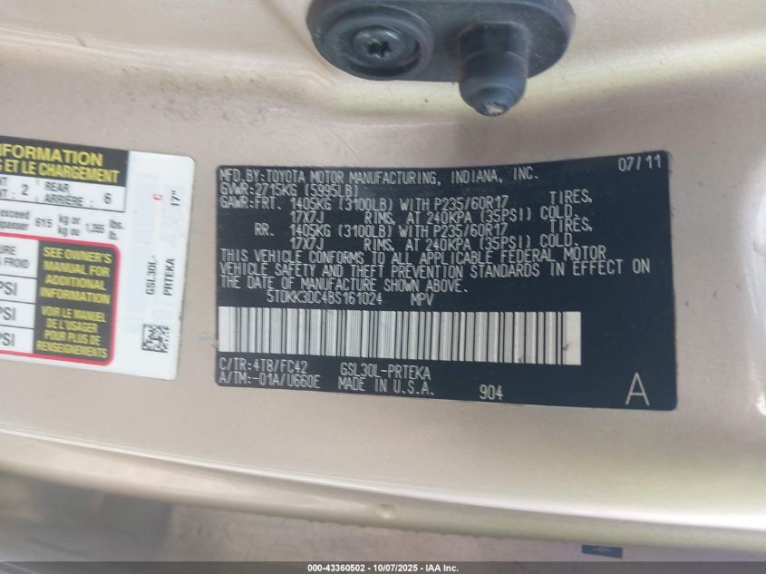 2011 Toyota Sienna Le V6 VIN: 5TDKK3DC4BS161024 Lot: 43360502