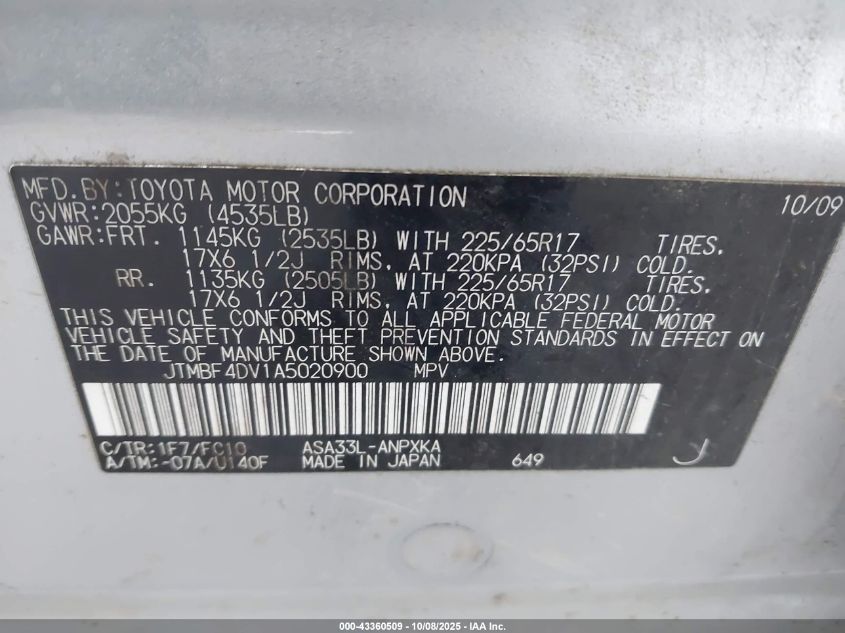 2010 Toyota Rav4 VIN: JTMBF4DV1A5020900 Lot: 43360509