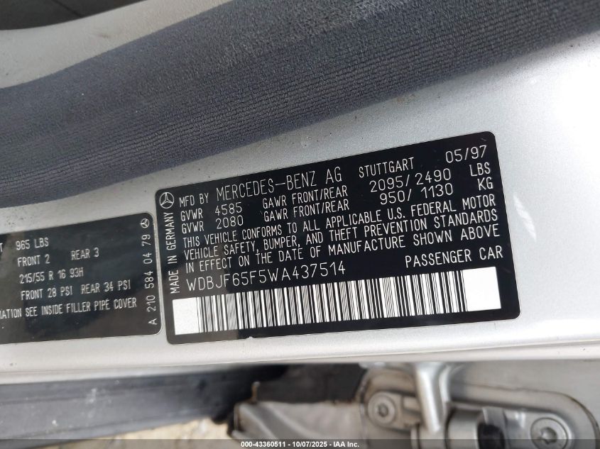 1998 Mercedes-Benz E 320 VIN: WDBJF65F5WA437514 Lot: 43360511