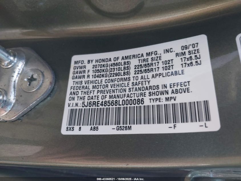 2008 Honda Cr-V Ex VIN: 5J6RE48568L000086 Lot: 43360521