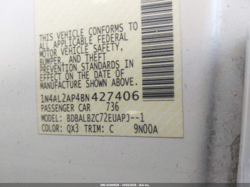 2011 Nissan Altima 2.5 S VIN: 1N4AL2AP4BN427406 Lot: 43360526