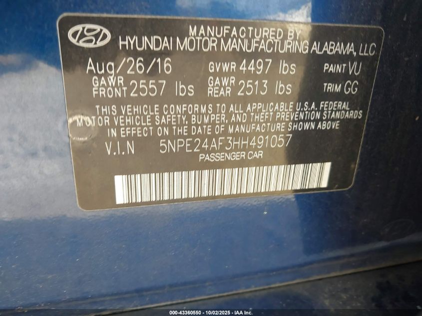 2017 Hyundai Sonata VIN: 5NPE24AF3HH491057 Lot: 43360550