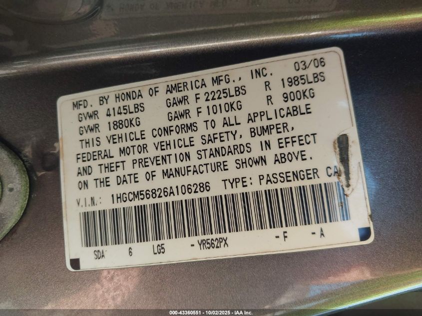 2006 Honda Accord 2.4 Ex VIN: 1HGCM56826A106286 Lot: 43360551