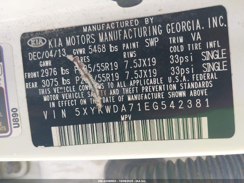 2014 Kia Sorento Sx V6 VIN: 5XYKWDA71EG542381 Lot: 43360553