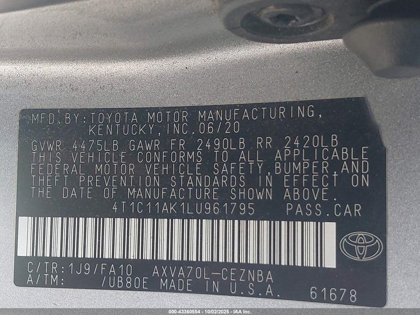 2020 TOYOTA CAMRY LE - 4T1C11AK1LU961795