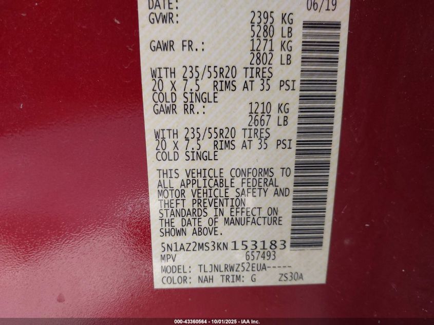 2019 Nissan Murano Sl VIN: 5N1AZ2MS3KN153183 Lot: 43360564