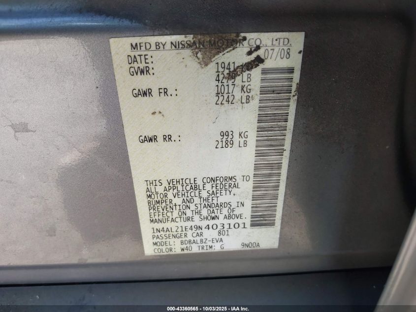 2009 Nissan Altima 2.5 S VIN: 1N4AL21E49N403101 Lot: 43360565