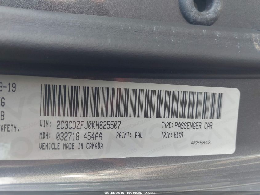 2019 Dodge Challenger R/T Scat Pack VIN: 2C3CDZFJ0KH625507 Lot: 43360616